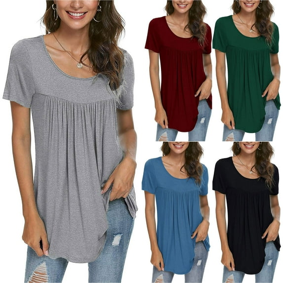 Fesfesfes Tank Top Women Fashion Women Summer Solid Pleated Round-Neck Blouses Loose Short Sleeve Tops T-Shirt 6(M)