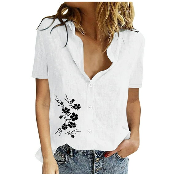 Fesfesfes Tanktop Bodysuit for Women Women Printed Short Sleeve Loose Button Turndown Collar Shirt Solid Blouse Tops Tees for Women 8(L)