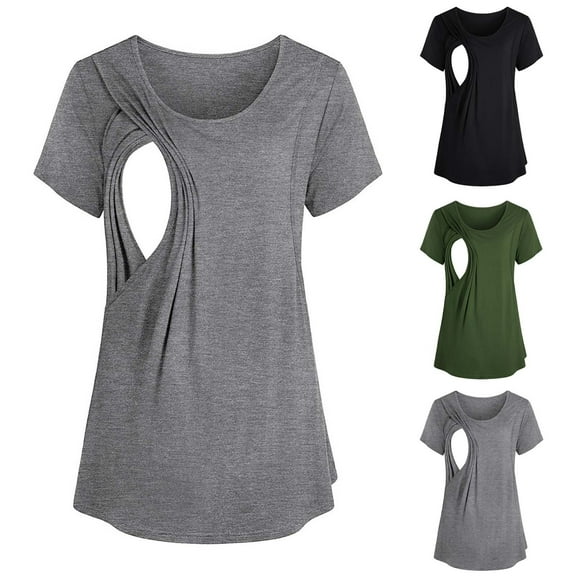 Fesfesfes Tee Womens Spring And Summer Short Sleeves Solid Breast-Feeding Pregnant Woman Blouse Loose Womens Shirts XS(US:2)