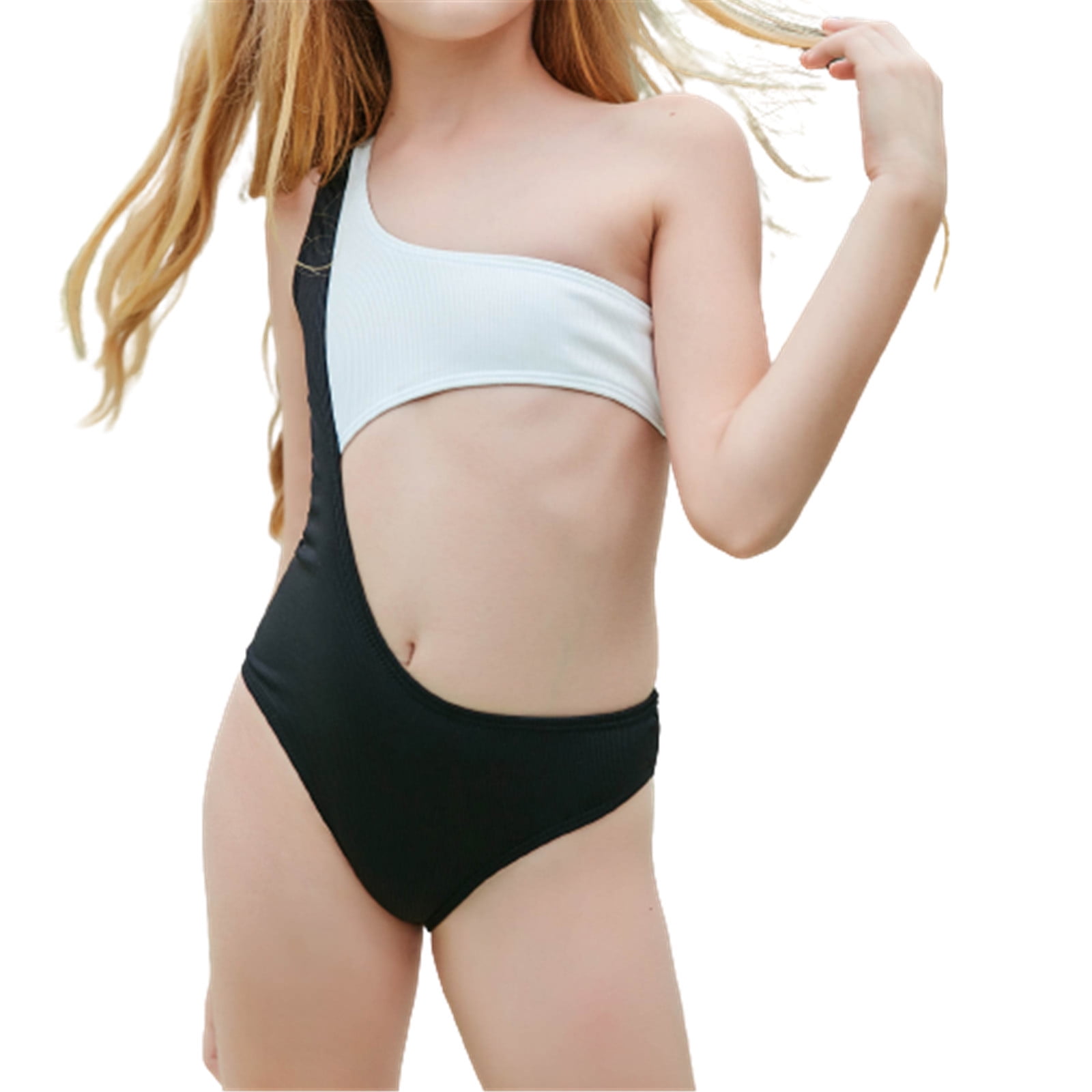 Fesfesfes Teen Girls Cute Monokini Children Girls Back Hollow Out One  Shoulder One Piece Swimsuit Swim Pool Beach Wear Skinny Bathing Suit 6-12  Years