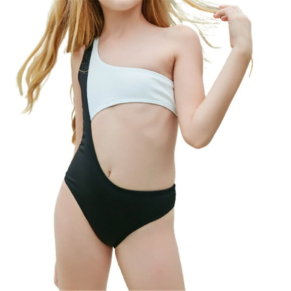 Fesfesfes Teen Girls Cute Monokini Children Girls Back Hollow Out One Shoulder One Piece Swimsuit Swim Pool Beach Wear Skinny Bathing Suit 6-12 Years