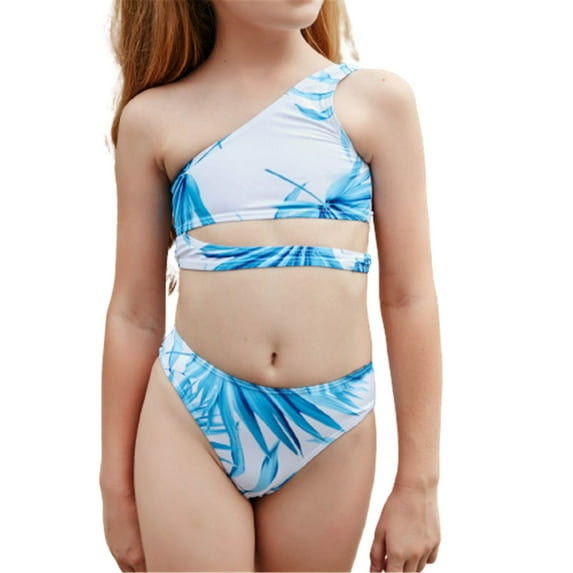 Fesfesfes Teen Girls Holiday Cute Bikini Sets Children Girls Swimwear One Shoulder Hollow Out Two Piece Swimsuit Printed Swim Pool Beach Wear Bathing Suit 6-12 Years