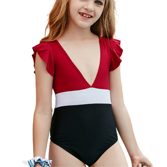 Fesfesfes Teen Girls Holiday Cute Monokini Children Girls Ruffle Patchwork One Piece Swimsuit Swim Pool Beach Wear Skinny Bathing Suit 6-12 Years