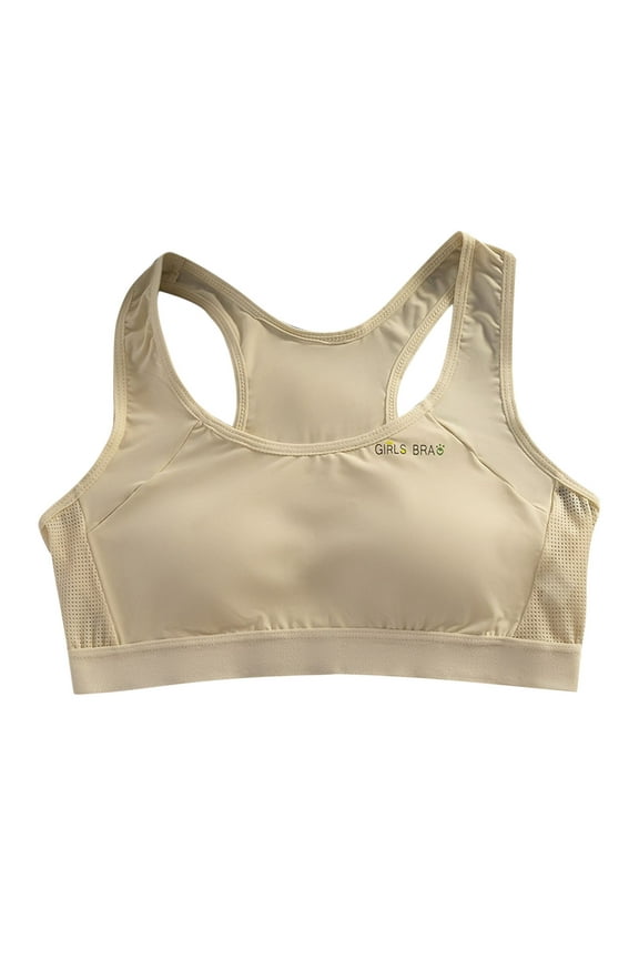 Teen Girls Sports Bra Lightly Padded Wireless Bralette for Growing Teens Breathable Supportive Training Bras No Underwire Soft Seamless Camisole for Running Active Wear(Beige,10-13 Years)