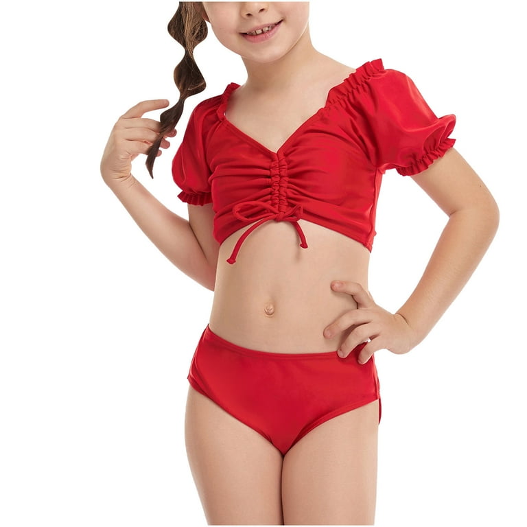 Fesfesfes Teen Girls Summer Swimsuits Casual Cute Floral Print Double  Ruffle Swimwear Short Sleeve Beach Swimsuits Split Two-Piece Bikini Sets