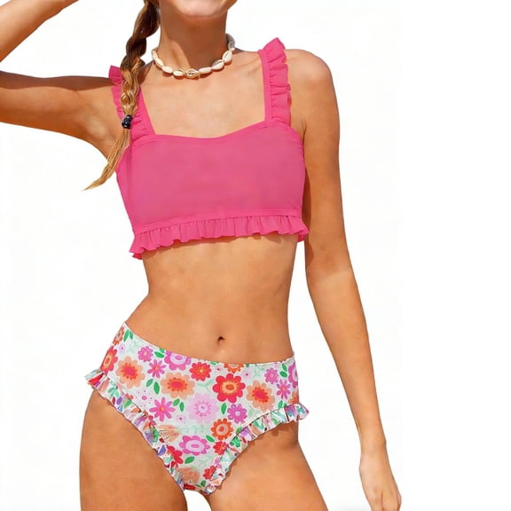 Fesfesfes Teen Girls Summer Swimsuits Casual Cute Floral Print Double Ruffle Swimwear Short Sleeve Beach Swimsuits Split Two-Piece Bikini Sets