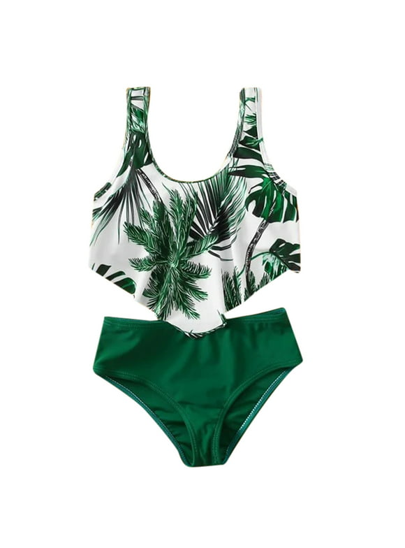 Fesfesfes Teen Girls Swimwear Botanical Print Pattern Patchwork Bathing Suits Sleeveless Swimdress Beach Wear Two Piece Split Swimsuit