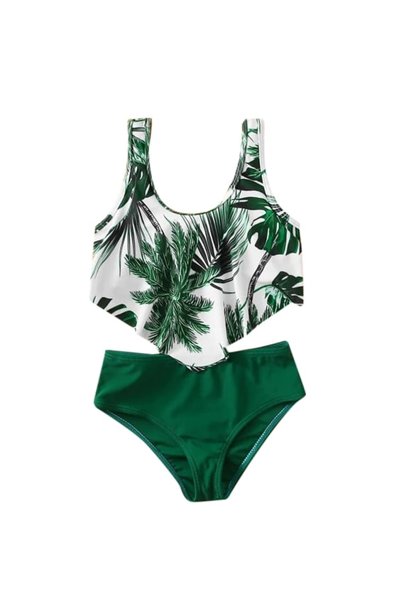 Teen Girls Swimwear Botanical Print Pattern Patchwork Bathing Suits Sleeveless Swimdress Beach Wear Two Piece Split Swimsuit