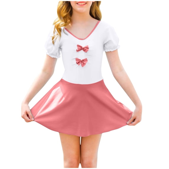 Fesfesfes Teenage Girls Plus Size Children's Short Sleeve Swimsuit with Bow Tie and Skirt Style Lightweight, Soft and Perfect for Every Summer Wear(Pink,7 Years)