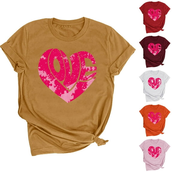 Fesfesfes Tees for Women's Lover Love Printed T-shirt Round Neck Short Sleeved Top Women's T Shirts S(US:4)
