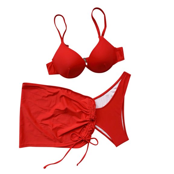Fesfesfes Three-piece Bikini Suit for Women Bandage Solid Bikini Push-Up Padded Swimwear Swimsuit Beachwear Set