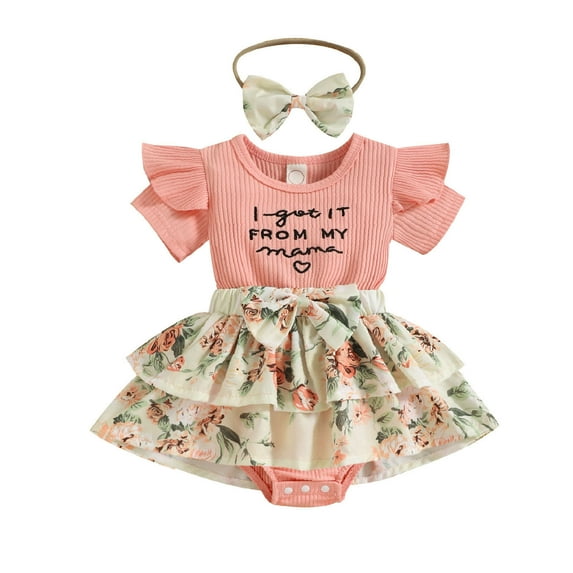 Fesfesfes Toddler Baby Bodysuit Girls Fashion Cute Flowers Print Ruffles Short Sleeve Romper Short Skirt Bow Suit
