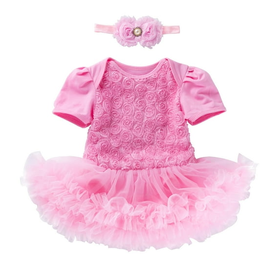 Fesfesfes Toddler Baby Bodysuit Girls Net Yarn Solid Color Rose Flower Romper Jumpsuit Short Skirt