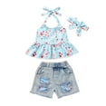 thumbnail image 1 of Fesfesfes Toddler Baby Girl Summer 3pc Set Of Denim Shorts With Floral Halterneck Top, 1 of 1
