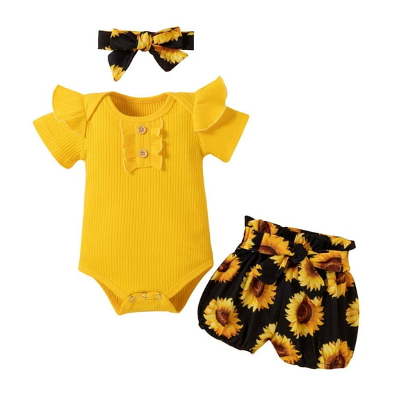 Fesfesfes Toddler Baby Girls Badge Buttoned Top Sunflower Shorts Headdress Clothes Suit
