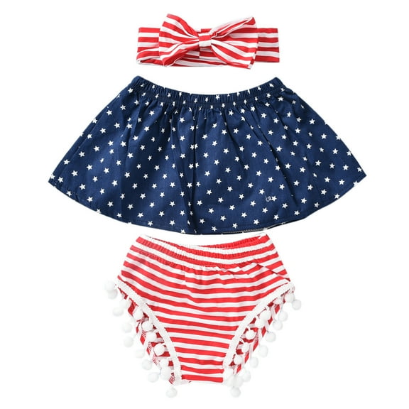 Fesfesfes Toddler Baby Girls Outfits Independence Day Bow One Shoulder Three-piece Suit