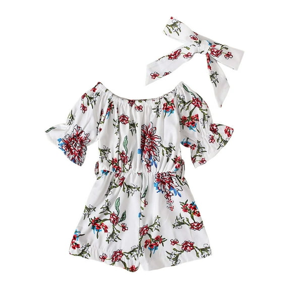 Fesfesfes Toddler Baby Girls Summer Floral Short Sleeve Jumpsuit + Bow Two-piece Children's Clothing
