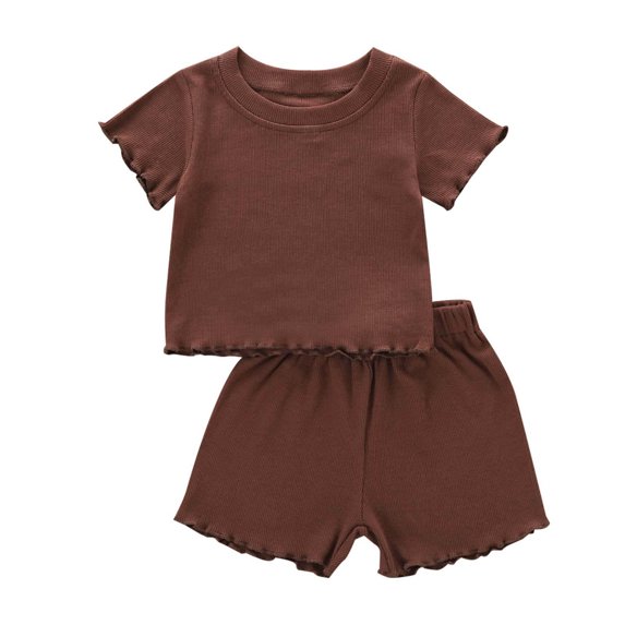 Fesfesfes Toddler Baby Girls Summer Solid Color Short Sleeve Top + Short+ Headband