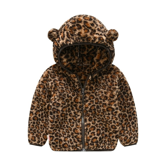 Fesfesfes Toddler Baby Jacket Boys Girls Leopard Print Gradient Comfy Plush Coat Cute Bear Ears Winter Hoodie Thick Coat Jacket On Sale