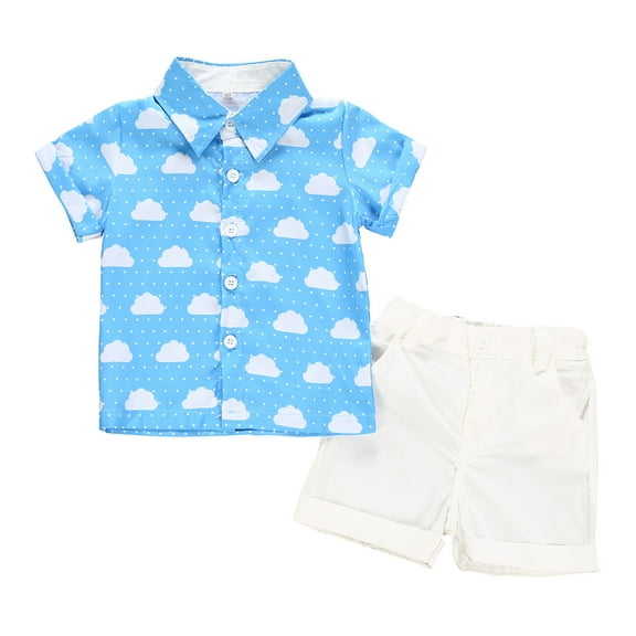 Fesfesfes Toddler Baby Kids Boys Cloud Print Tops Blouse Shorts Gentleman Set Outfits