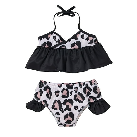 Fesfesfes Toddler Baby Kids Girls Bathing Suit Slip Leopard Print Swimsuits Beach Ruffle Patchwork Halter Neck Two-Piece Swimwear Bikini Sets