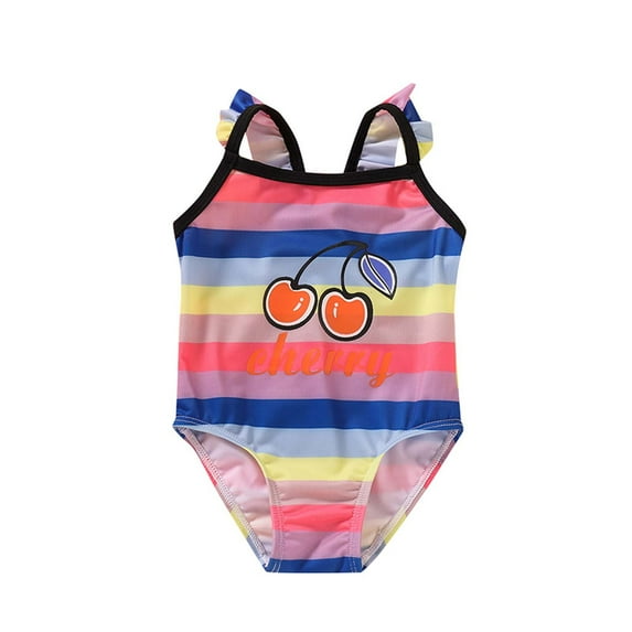 Fesfesfes Toddler Baby Kids Girls Striped Print One-Piece Swimsuit Ruffle Splicing Sling Bathing Suit Beach Swimwear Monokini