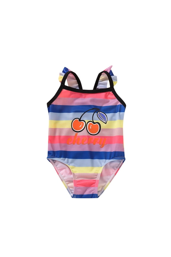 Toddler Baby Kids Girls Striped Print One-Piece Swimsuit Ruffle Splicing Sling Bathing Suit Beach Swimwear Monokini