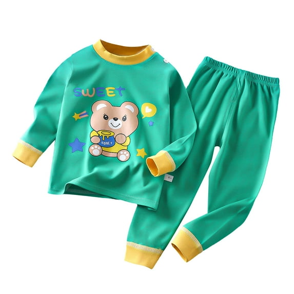 Fesfesfes Toddler Baby Kids Winter Boys Girls Solid Color Bear Print Long Sleeved Home Wear Clothes Suit 3-6 Months