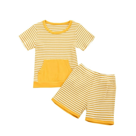 Fesfesfes Toddler Baby Stripe Short-sleeved Pullover Shorts Pocket Solid Color Suit