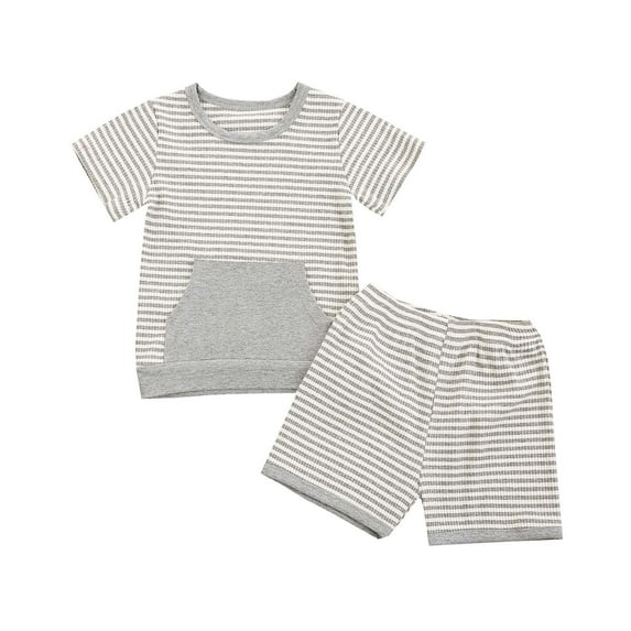 Fesfesfes Toddler Baby Stripe Short-sleeved Pullover Shorts Pocket Solid Color Suit