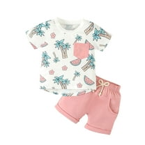 Fesfesfes Toddler Boy Clothes 3T Fashion Boy And Girls Casual Short Sleeve Tops Round Neck Collar Botton Printed Short Pants Sets