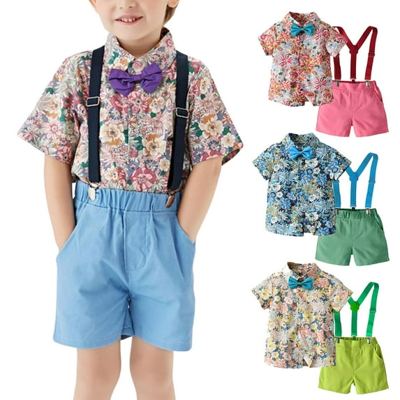 Fesfesfes Toddler Boy Outfits 5T Boys Spring Short Sleeve Top&Pants Suit Outfit For Baby Toldders Print Cardigan, Strap Shorts, Photography Performance Set 4-5 Years