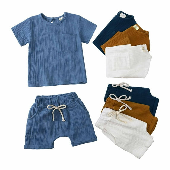 Fesfesfes Toddler Boy Outfits Children's Clothing New Summer Crepe Gauze T-shirt Short Sleeve Shorts With Pocket Two Piece Set Multi-color Style 2-3 Years