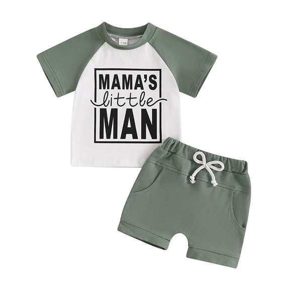 Fesfesfes Toddler Boys' Color Blocked Summer Outfit Round Neck Short Sleeve Top and Solid Elastic Waist Shorts,2Pcs Matching Sets for Mother's Day,Casual Beach Clothing(Green,12 Months)