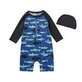 thumbnail image 1 of Fesfesfes Toddler Boys Short Sleeve Cartoon Cute One-Piece Swimsuit With Swimming Cap, 1 of 9