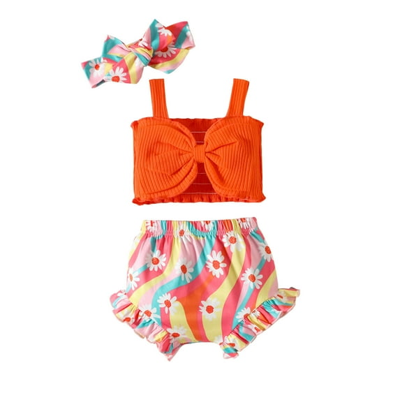 Fesfesfes Toddler Girl 2 Piece Outfits Toddler Kids Baby Girls Fashion Cute Flower Print Ruffles Vest Shorts Hairband Suit 0-6 Months
