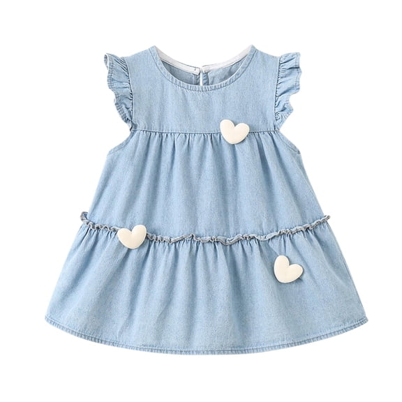 Fesfesfes Toddler Girl Love Print Denim Dress Flying Sleeves Casual Summer Dress with Flared Dresses, Cute Vacation Outfits,Princess Style Dress for Kids(Light Blue,9 Months)