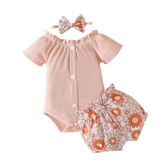 Fesfesfes Toddler Girl Outfits 3T Baby Girls Cute Short Sleeve Round-Neck Blouses+Printing Short Pants+Headband Three-piece Set 6-12 Months