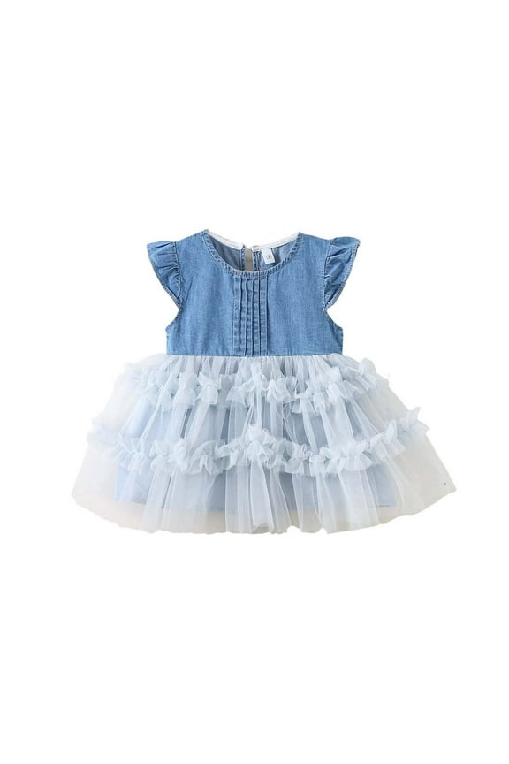 Toddler Girl Summer Dress Cute Bow Short Sleeve Round Neck Casual Playwear Dress for Girls,A-Line Dresses, Breathable Lightweight Summer Outfit(Blue,1 Years)