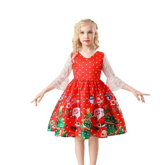 Fesfesfes Toddler Girls Cute Christmas Dress Sets Santa Claus Print Bow Satin Cloth Sets Birthday Party Gown Long Dresses Spring Saving