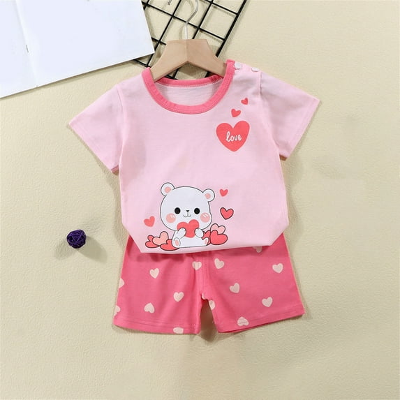 Fesfesfes Toddler Girls Cute Cotton Suit Cartoon Print Round Neck Short Sleeve Tops with Stretchy Shorts Casual 2PCS Set