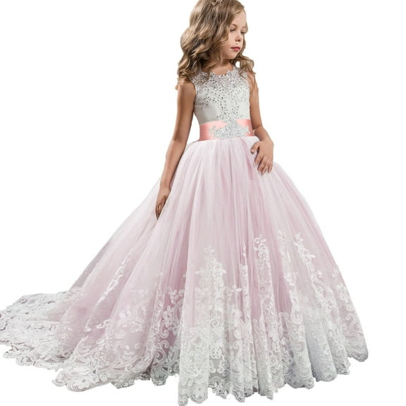 Fesfesfes Toddler Girls Dress Net Yarn Embroidery Rhinestone Bowknot Birthday Party Gown Long Dresses