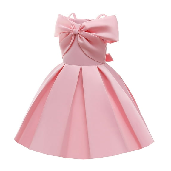 Fesfesfes Toddler Girls Dress Solid Color Temperament Bowknot Off Shoulder Pleated Skirt Birthday Party Gown Long Dresses