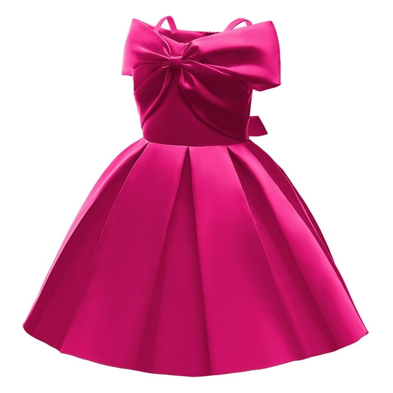 Fesfesfes Toddler Girls Dress Solid Color Temperament Bowknot Off Shoulder Pleated Skirt Birthday Party Gown Long Dresses