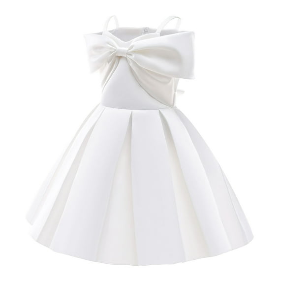 Fesfesfes Toddler Girls Dress Solid Color Temperament Bowknot Off Shoulder Pleated Skirt Birthday Party Gown Long Dresses