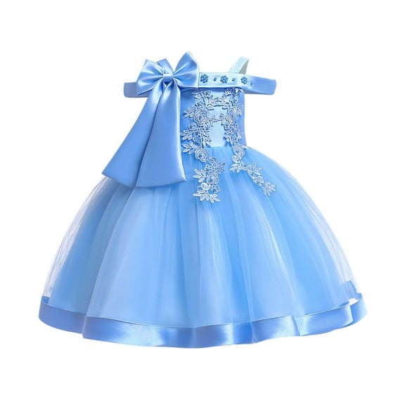 Fesfesfes Toddler Girls Dress Temperament Minimalistic Bowknot Embroidered Flower Net Yarn Birthday Party Gown Dresses