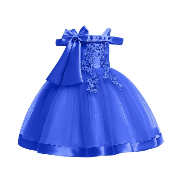 Fesfesfes Toddler Girls Dress Temperament Minimalistic Bowknot Embroidered Flower Net Yarn Birthday Party Gown Dresses