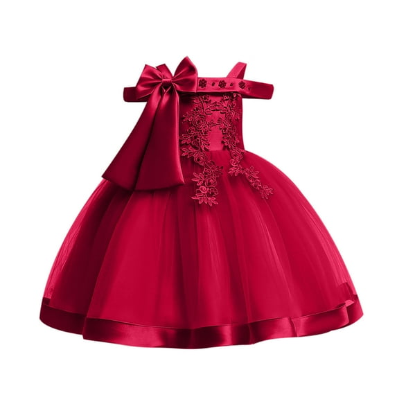 Fesfesfes Toddler Girls Dress Temperament Minimalistic Bowknot Embroidered Flower Net Yarn Birthday Party Gown Dresses