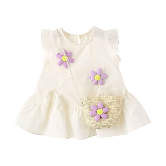 Fesfesfes Toddler Girls' Embroidered Ruffle Dress with Bag 2-Piece Sleeveless Sweet Outfits Set, Princess Style Casual & Birthday Party Dress for Baby(Beige#1,6 Months)