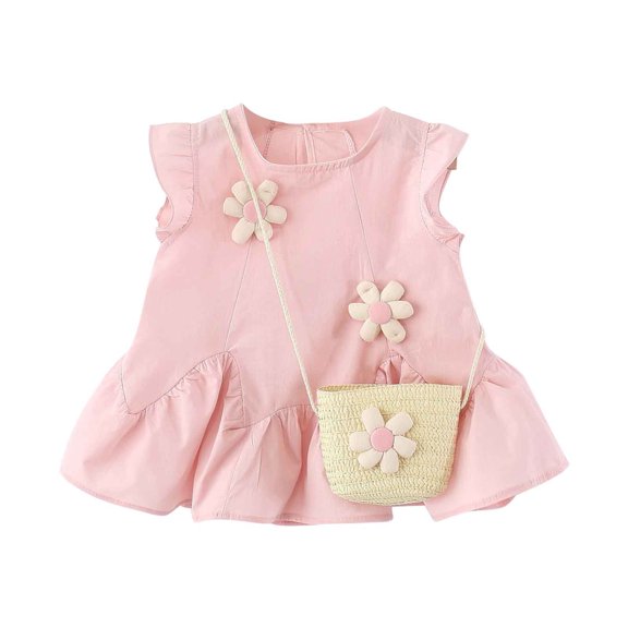 Fesfesfes Toddler Girls' Embroidered Ruffle Dress with Bag 2-Piece Sleeveless Sweet Outfits Set, Princess Style Casual & Birthday Party Dress for Baby(Pink#1,12 Months)